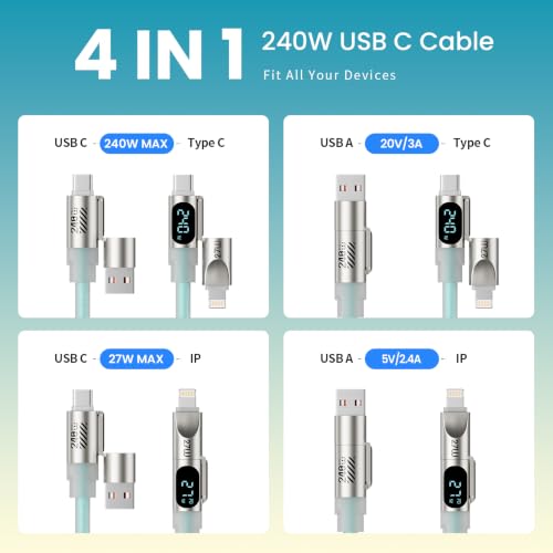 Image of USB C Cable, 240W Fast Charging Type C Charger Cord with E-Mark Chip, 6FT | Silicone Braided 4 in 1 Charging Cable with Light, iPhone Charger for 17-12, S26, iPad, Carplay, Travel Camping Essentials