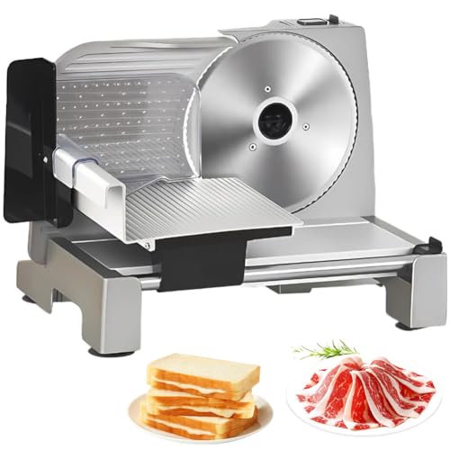 Cortadora de carne para alimentos, cortadora eléctrica de alimentos para fiambres con cuchilla de acero inoxidable y empujador de alimentos, grosor ajustable de 0 a 15 mm, plataforma de apoyo amp