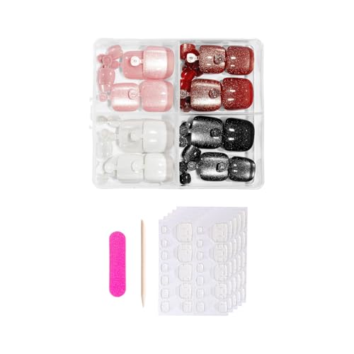 Press on Toenail Cats Eye Fake Toenails Short Square False Nails with Design Full Covers Acrylic Stick on Toenail 96Pcs Press on