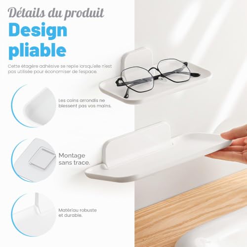 Diakey Lot de 2 étagères de chevet pliables - Étagères flottantes adhésives pour mur sans perçage - Support de téléphone pour lunettes, montre, parfum, téléphone - Pour chambre à coucher, salle de – vue 4
