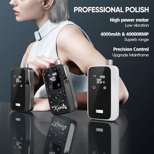 Karite Upgraded Professional Electric Nail Drill, 40,000 RPM, 4000mAh Battery, Low Vibration Motor, Adjustable Speed & Bidirectional Rotation, Cordless Electric Nail Drill Kit for Personal & Salon Use