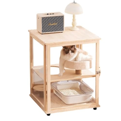 Emidor 猫ケージ キャットヴィラ 無垢材 キャスター付き キャットゲージ 透明ガラス扉 2/3段 コンパクト かわいい 家庭用 保護 脱走防止 組立簡単 室内 ペット (無塗装無垢材、片扉) (A)