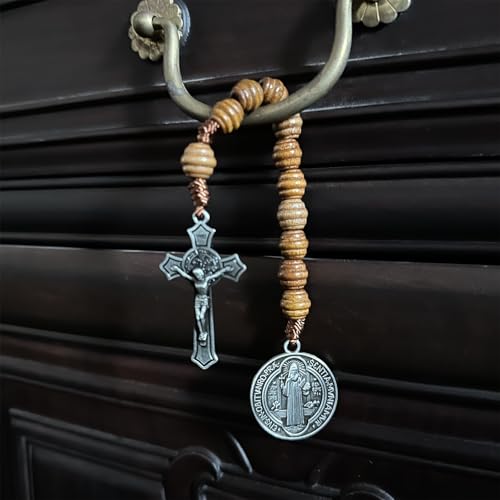 Saint Benedict Medal Prayer Pocket Rosary Catholic Brown Wood Beads with Medalla de san benitol and Crucifix, 9 Inch (Antique Silver)2