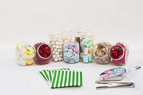 Wedding Sweet Table Kit: x10 Jar, x2 Tongs & 100 Candy Stripe 5"x7" Sweet Bags (Choose Sweet Bag Colour: Pink Blue Purple Red Green Grey Black Yellow) Candy Bar Buffet (Pink Sweet Bags x100)
