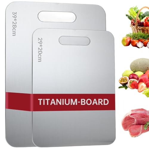 Dazhtu 2 Piezas Tabla De Cortar De Acero Inoxidable, Grado Alimenticio De Doble Cara Tabla Cortar Titanio Para Cocina,Multifunción Titanium Cutting Board Para Carne,Verduras,Frutas 39x28cm 29x20cm