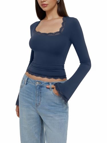 REORIA Womens Trendy Square Neck Cute Long Bell Sleeves Shirts Lace Trim Casual Slim Fitted Tee Y2K 2026 Winter Fall Going Out Tops Blue — view 2
