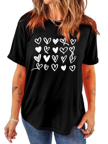 T-shirt Saint-Valentin femme noir 3XL avec imprimé cœur graphique mignon
