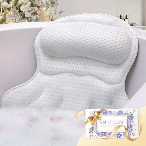Bath Pillow Luxury Bathtub Pillow, Extra Soft & Comfortable Bath Pillows for Tub Head Neck and Back Support, with 4D Air Mesh Cushions & Non-Slip Suction Cups - Bath Accessories Spa Gifts for Women