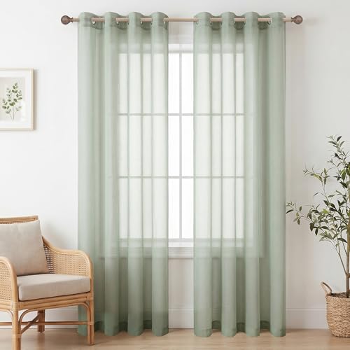 Mrs.Naturall Sage Green Curtains 84 Inch Length for Living Room, Grommet Boho Cottagecore Airy See Through Window Voile Sheer Curtains for Kids Bedroom 52x84 Inches Long 2 Panel Sets, Light Green