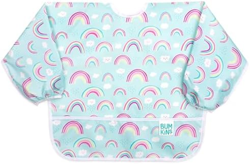 Bumkins Sleeved Bib for Girl or Boy, Baby and Toddler for 6-24 Mos, Essential Must Have for Eating, Feeding, Baby Led Weaning Supplies, Long Sleeve Mess Saving Food Catcher, Soft Fabric, Rainbow Blue