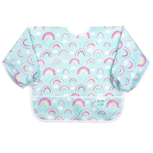 Image of Bumkins Sleeved Bib for Girl or Boy, Baby and Toddler for 6-24 Mos, Essential Must Have for Eating, Feeding, Baby Led Weaning Supplies, Long Sleeve Mess Saving Food Catcher, Soft Fabric, Rainbow Blue