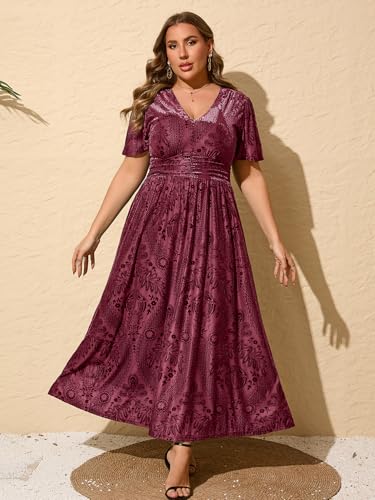 Image of Simplee Women's V Neck Velvet Maxi Dress Short Sleeve Empire Waist Long Formal Dress for Wedding Guest