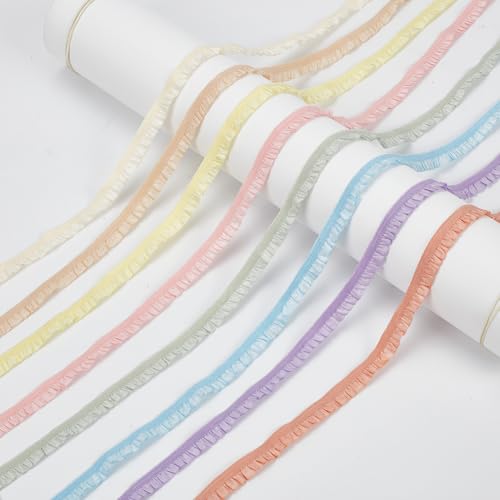 NBEADS 8.7 Yards Elastic Pleated Lace Trim, 3/8 inch Wide Tiny Stretchy Ruffles Narrow Ruffle Edge Lace Ribbon Mini Lace Decoration for Clothes Decoration Sewing Craft Supply, Light Color Scheme