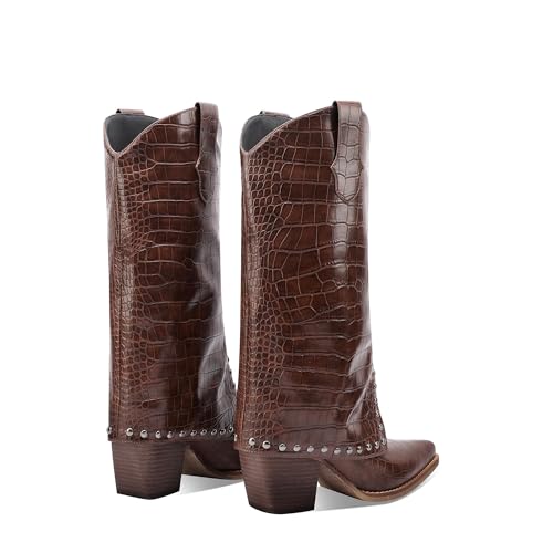 Women's Brown Crocodile Print Boots Fashion Slouchy Chunky Heel Pointed Toe Mid Calf boot Western Style Rivet shoe3