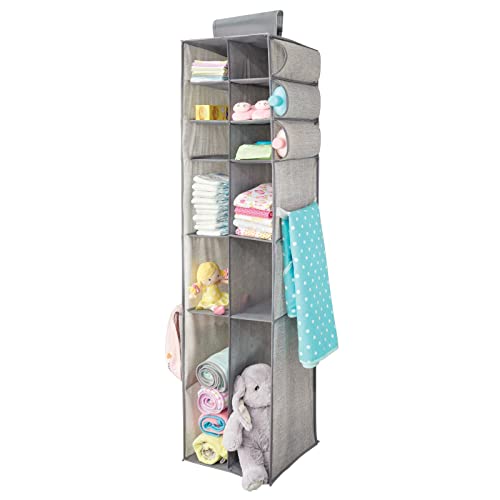 Image of mDesign Long Fabric Hanging Organizer - Over Closet Rod Storage with 12 Shelves and Side Pockets for Baby Nursery Bedroom Organization - Hold Clothes, Linens, Toys, Accessories, Lido Collection, Gray