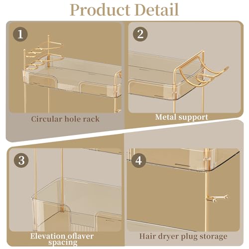 Image of Akinbas 3 Tier Bathroom Organizer Countertop Makeup Perfume Tray Skincare Organizer Comes with Hair Dryer Rack and Toothbrush Holder for Bathroom Dresser Vanity (Gold)