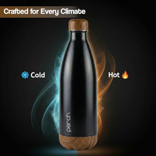 Image of Perch Retro Stainless Steel Water Bottle 980 ml | Hot & Cold Flask | Vacuum Insulated | ISI Certified | Leak Proof | BPA Free | for Office, School, Gym, Home & Travel | Wooden Black | Crafted by Pexpo