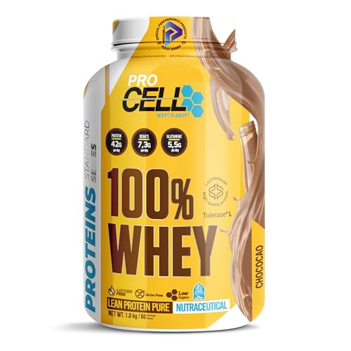 ProCell Proteína Whey 1,8Kg 100% Proteína de Suero Concentrada (Chococao) Con BCAA y Glutamina, Sin Gluten, Sin Lactosa y Bajo en Azúcares (60 Servicios)
