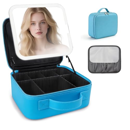 SLUMAZI Travel Makeup Bag with LED Mirror Travel Makeup Organizer with 3 Lighted Settings, Adjustable Dividers and Makeup Brush Storage Bag Blue
