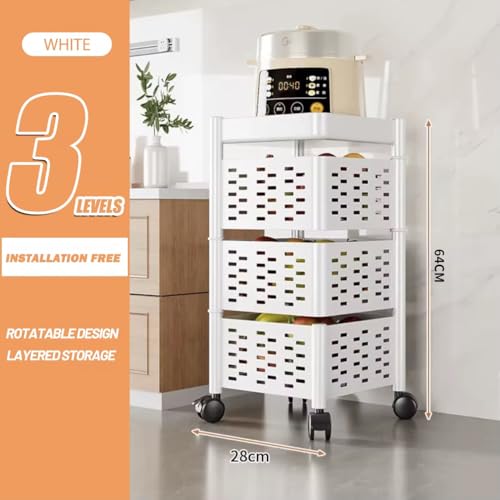 Image of 3-Tier Kitchen Carbon Steel Storage Rack - White | Durable & Sturdy Cart Organizer for Home & Kitchen | Vegetable, Fruits & Pantry Corner Rack | Multi-Layer Rack with Wheels