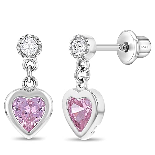 925 Sterling Silver Girl's Pink Cz Heart Dangle Earrings With Safety Screw Backs - Hypoallergenic Toddler Earrings For Kids With Cubic Zirconia Stones For Young Girls #TOP27