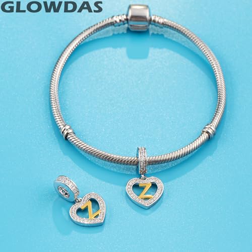 Image of GLOWDAS 18K Gold Plated Letter Charms Initial A to Z Necklace Pendant, 925 Sterling Silver CZ Heart Dangle Alphabet Beads fit European DIY Bracelet, Gifts for Valentiens /Christmas /Family