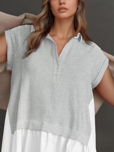 Fisoew Womens Casual Short Sleeve Dress Summer V-Neck Loose Patchwork Mini Sweatshirt Dress Grey — view 4