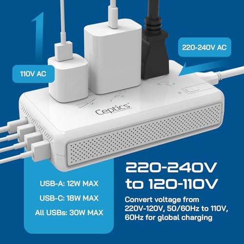 Ceptics 2000W Travel Voltage Converter for Hair Dryer & 200W Convert 220V to 110V for Curling Iron, Straightener, Chargers, Step Down World Power 4 USB Charging QC 3.0 SWadApt Type A, B, C, E/F, G, I
