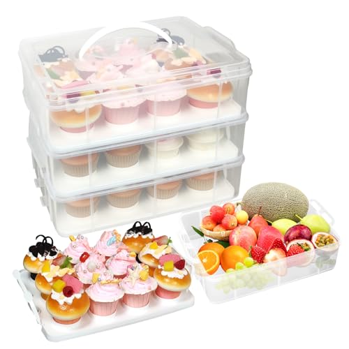 Plastic Cupcake Carrier 36 Count, 3-Layer Cupcake Holder Carries with Lid & Handles, Cookie, Cake, Cupcake and Brownie Storage Carrier, Reusable Cupcake Box (Clear, 36 Holder)