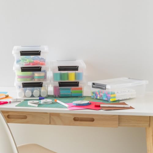 Image of IRIS USA 2 Qt. Craft Storage Bins with Lids, 6-Pack, |Made in USA|, Clip Box, Small Plastic Sensory Bin Tote Organizer Containers for Art Supplies, Paper, & Office, Stackable - Clear /Black