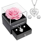 Sunia Regalos Originales para Mujer,Rosa Eterna con Collar y Pendientes de Corazón Plata de Ley 925,Rosa Eterna Natural Preservada Regalos para Mama Abuela,Regalo Navidad San Valentin Dia de la Madre