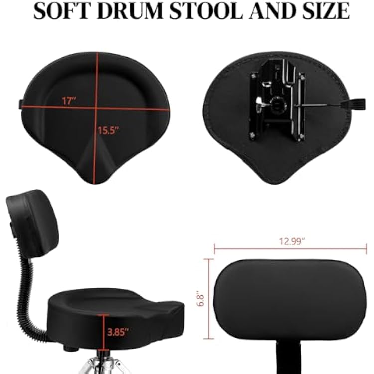 Drum Throne with Backrest | Heavy Duty Hydraulic Adjustable Stool, Saddle Seat & Bonus Drumsticks (Black)