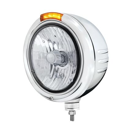 UNITED PACIFIC 32742 Classic Embossed Stripe Headlight Rh/Lh, 7", Round, Polished Housing, Crystal H4 Bulb, Bullet Style Bezel, with Amber Led Dual