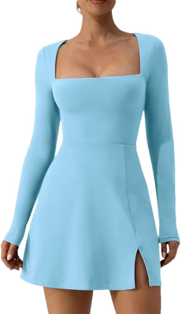 Women's Solid Color Casual Basic Long Sleeved Square Neck High Slit Hem Party Short Mini A-Line Dress