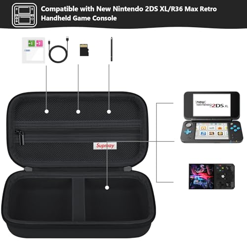 Image of Supmay Carrying Case Compatible with New Nintendo 2DS XL / R36 Max Retro Handheld Game Console, Video Game Console Travel Bag with Mesh Pocket for Charging Cable, TF Card, Manual, Black
