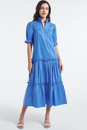 Image of D-Sun Women Casual Button Down Maxi Dress Short Puff Sleeves Stand Collar Tiered Elegant Flowy Swing Long Dress with Tie