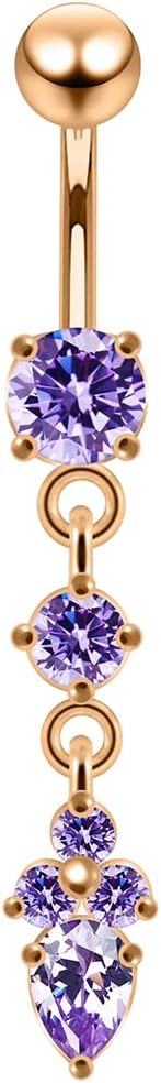 Rose Gold Plated CZ Stone 2 Round with Pear Shape Flower Dangling Design 925 Sterling Silver with 14 Gauge, 10mm Length Stainless Steel Belly Ring - Belly Button jewelry - Navel jewelry