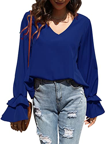 Lyaner Women's Casual V Neck Tiered Ruffle Bell Long Sleeve Blouse Shirt Tunic Top Royal Blue X-Large #TOP18
