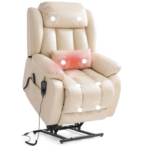 Image of Dual Motor Power Lift Recliner Chair, PU Leather Lay Flat Lift Chair for Elderly with Massage & Lumbar Heating, Extended Footrest, USB Charging, Remote Control, Removable Lumbar Pillow, Biege