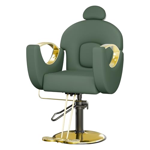 Reclining Salon Chair with Foot Rest, Barber Chair with Heavy Duty Height Adjustable Hydraulic Pump and 360 Degree Swivel, Styling Braiding Hairdresser Chair for Home Barbershop- Green & Gold
