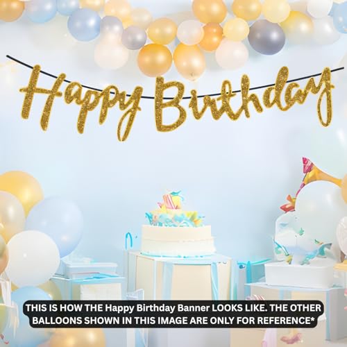 Image of KITTER Happy Birthday Banner Cursive Metallic with Glitters | Reusable - Golden Colour, Happy Birthday Golden Banner with Ribbon (Pack of 1 Banner)