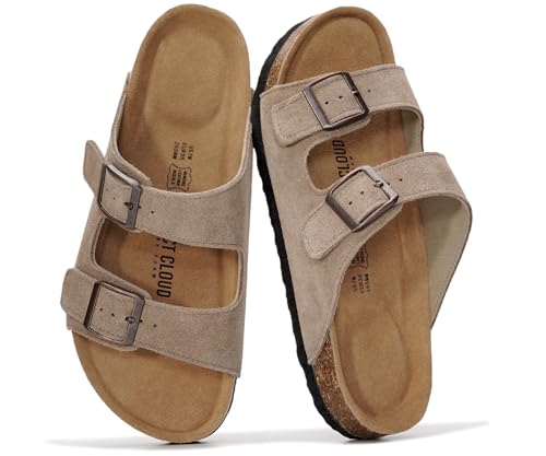 Project Cloud 100% Genuine Leather Flat Sandals For Women 2026 Cork Footbed Womens Sandals with Memory Foam and arch support Vacation Essentials Slides for Women Footwear (Venita,DRIFTSUEDE,8)