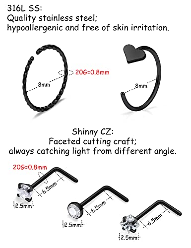 20g Nose Rings Studs Hoops Piercings Jewelry for Women Hypoallergenic Black Rainbow Surgical Steel Straight l Shaped Bars3