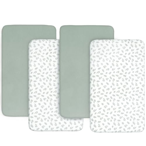 Image of 4-Pack Fitted Bassinet Sheets Compatible with Baby Delight, Dream On Me Skylar and Other Rectangle, Oval, Hourglass Bassinet Mattress, Ultra Soft and Breathable, Green Leaf