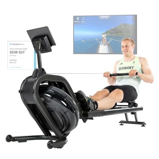Skandika Wasserrudergerät Nemo IV | Wasser Rudergerät für Zuhause in Studio Qualität durch TÜV Süd geprüft, Kinomap, Tablet Halterung, aufstellbar | Rudermaschine mit Wasserwiderstand (Schwarz)