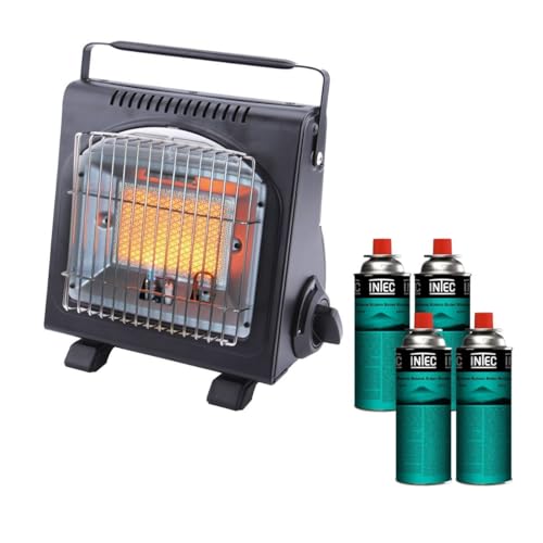 INTEC - Chauffage à Gaz Portable 1700W + 4 Cartouches Butane Incluses - Allumage Piezo Sécurité Anti-Basculement & ODS - Idéal Camping, Van, Pêche, Atelier - Certifié CE