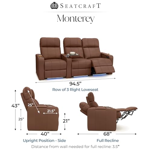 Image of Seatcraft Monterey Home Theater Seating Tobacco Row of 3 Right Loveseat | Italian Leather, Wall Hugger, Zero Gravity, Powered Headrest, Power Recline, Zero Gap, USB charging