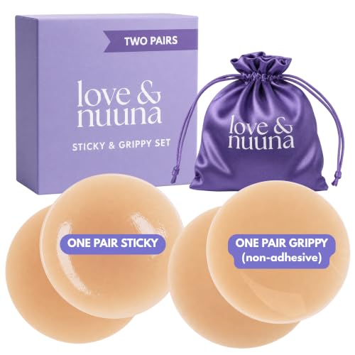 love & nuuna Adhesive & Non-Adhesive Nipple Covers Two Pairs - Sticky & Grippy Nipple Cakes - Reusable Seamless Waterproof Pasties (Honey Medium (Fits C - D+))