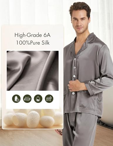 Image of LilySilk 100% Silk Pajamas for Men Soft 19MM Real Mulberry Silk Sleepwear Mens Silk Pajamas Set Lightweight Male Pjs