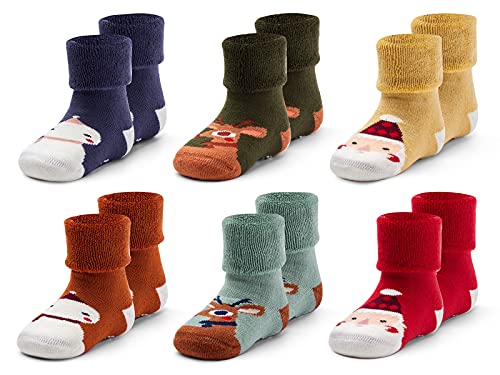 Baby Boys Winter Warm Socks Baby Non Slip Socks with Grips for Baby Girls Full Terry Christmas Socks 6 Pack